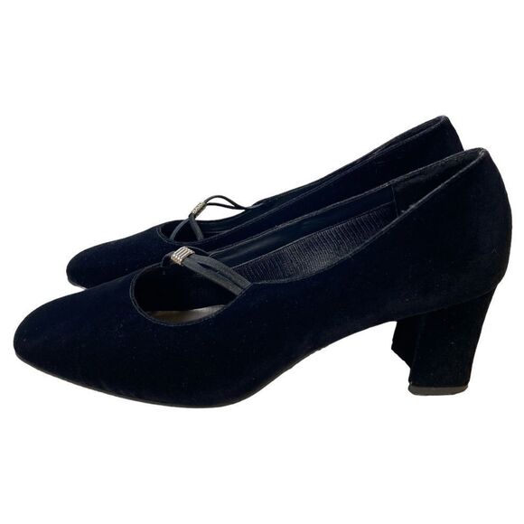 Vintage Statutes Women’s Black Velvet Pumps Accent Strap Gold Accent - Size 10 - Picture 5 of 8